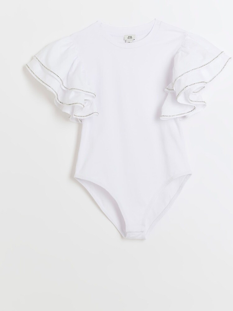 River Island White Girls Rhinestone Frill 100% Cotton Bodysuit - Image 1 of 3