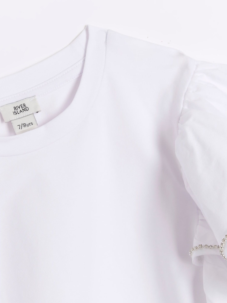 River Island White Girls Rhinestone Frill 100% Cotton Bodysuit - Image 2 of 3
