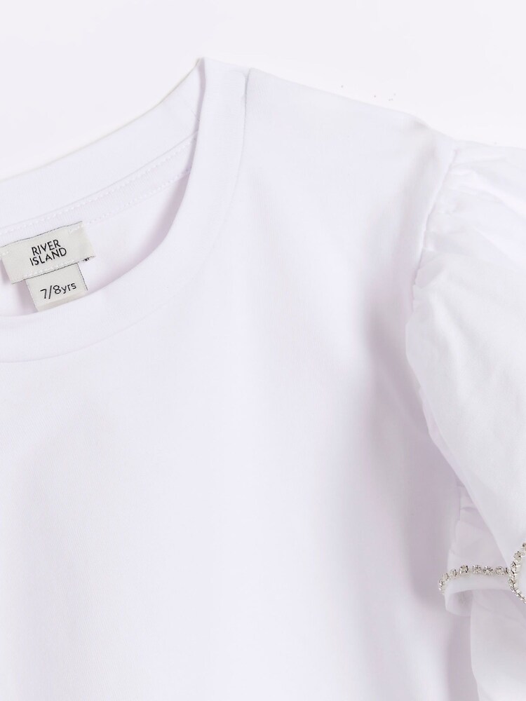 River Island White Girls Rhinestone Frill 100% Cotton Bodysuit - Image 2 of 3 River Island White Girls Rhinestone Frill 100% Cotton Bodysuit - Image 2 of 3