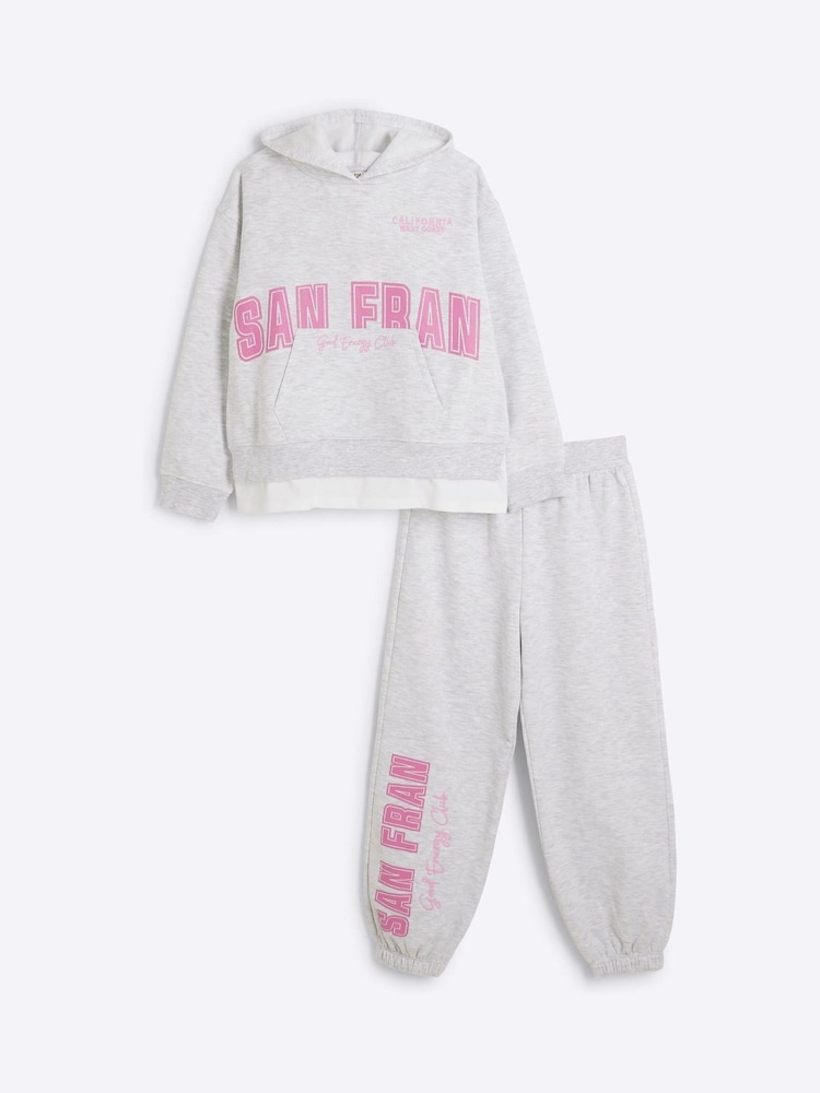 River Island Grey Girls Lounge 100% Cotton Hoodie and Joggers Set - Image 1 of 4 River Island Grey Girls Lounge 100% Cotton Hoodie and Joggers Set - Image 1 of 4