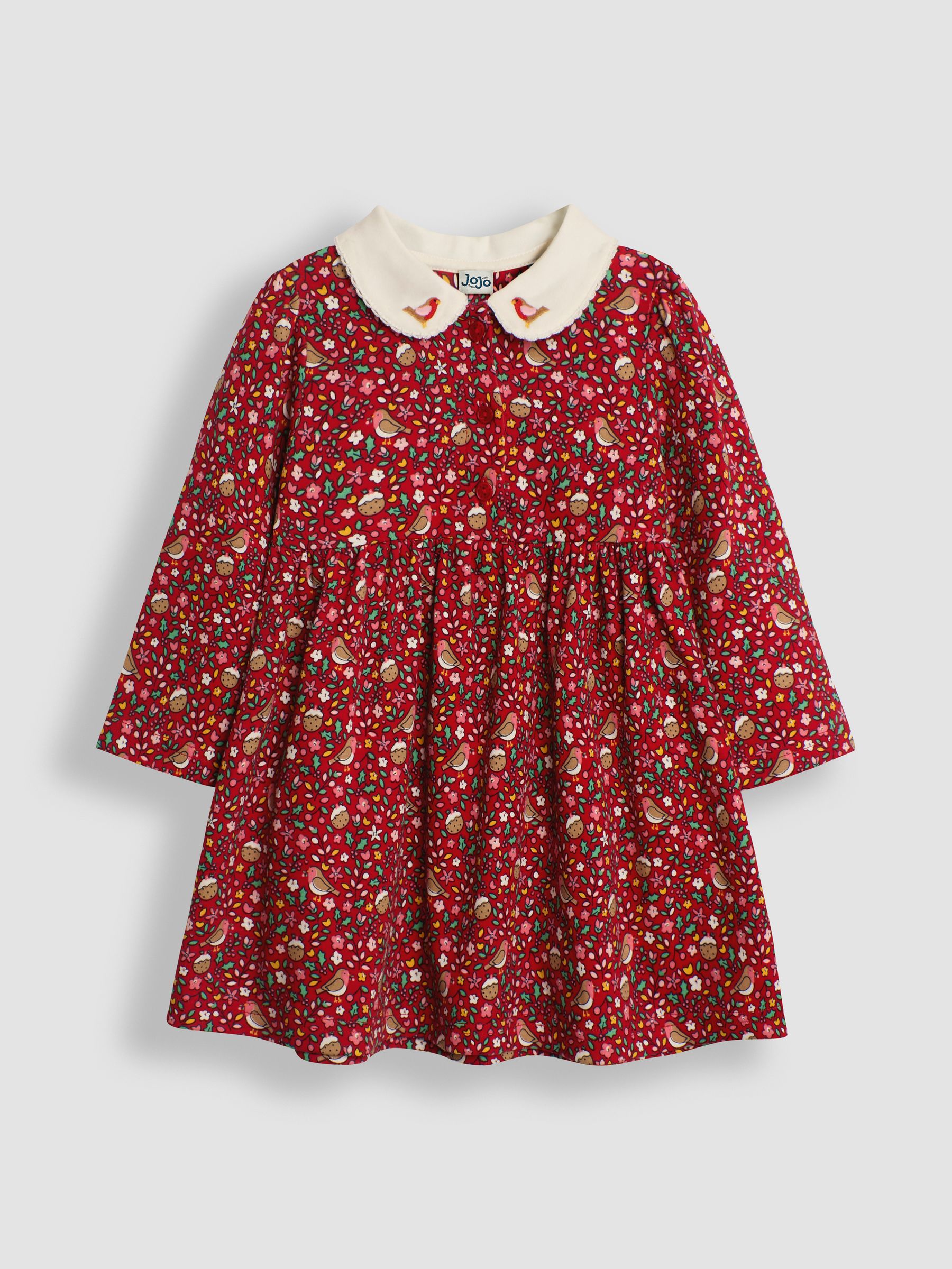 JoJo Maman Bébé Red Christmas Robin Floral Peter Pan Dress