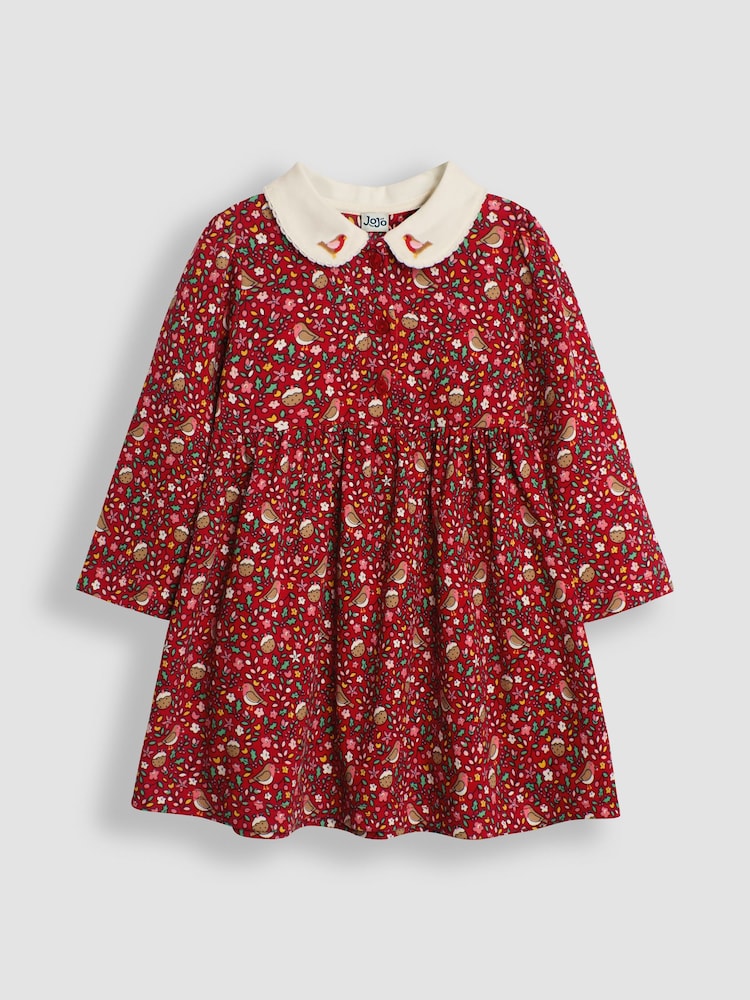 JoJo Maman Bébé Red Christmas Robin Floral Peter Pan Dress - Image 1 of 3