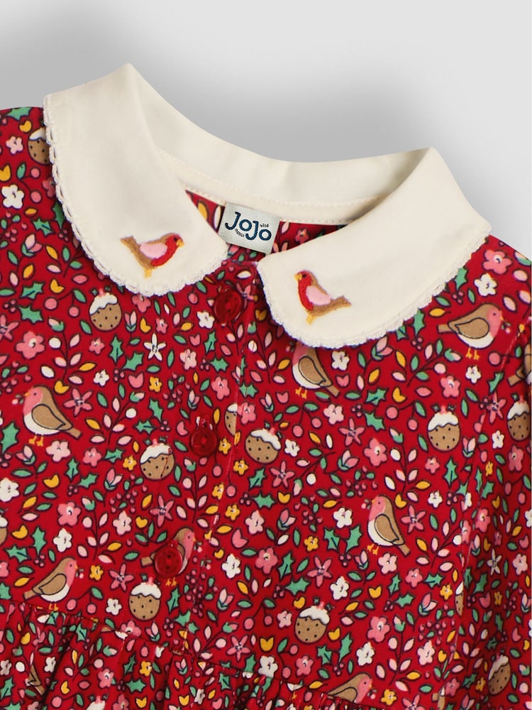 JoJo Maman Bébé Red Christmas Robin Floral Peter Pan Dress - Image 3 of 3