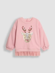 JoJo Maman Bébé Pink Reindeer Sequin Tulle Frill Sweatshirt - Image 1 of 3