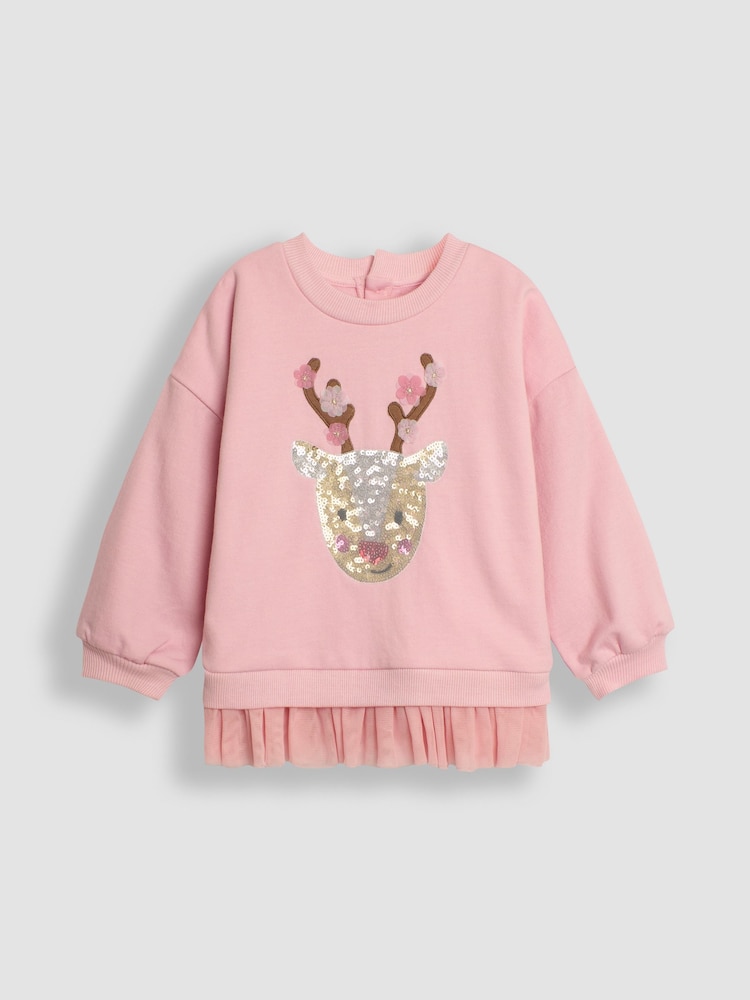 JoJo Maman Bébé Pink Reindeer Sequin Tulle Frill Sweatshirt - Image 1 of 3