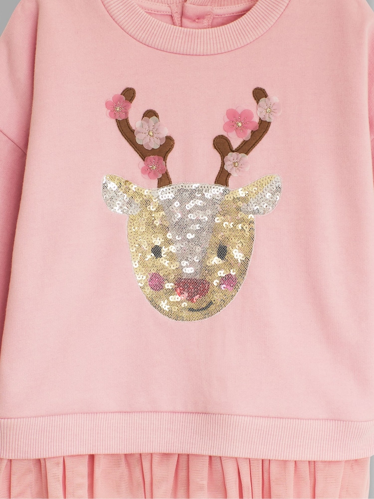 JoJo Maman Bébé Pink Reindeer Sequin Tulle Frill Sweatshirt - Image 3 of 3