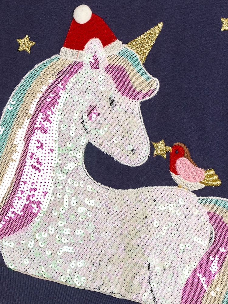 JoJo Maman Bébé Navy Unicorn Sequin Sweatshirt - Image 2 of 4