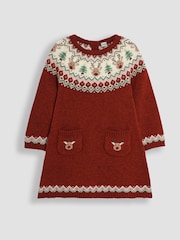 JoJo Maman Bébé Red Reindeer Christmas Knitted Dress - Image 1 of 4