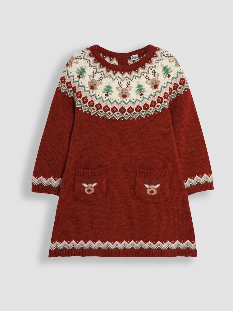 JoJo Maman Bébé Red Reindeer Christmas Knitted Dress - Image 1 of 4