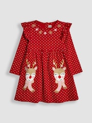 JoJo Maman Bébé Red Reindeer Appliqué Frill Dress - Image 1 of 3