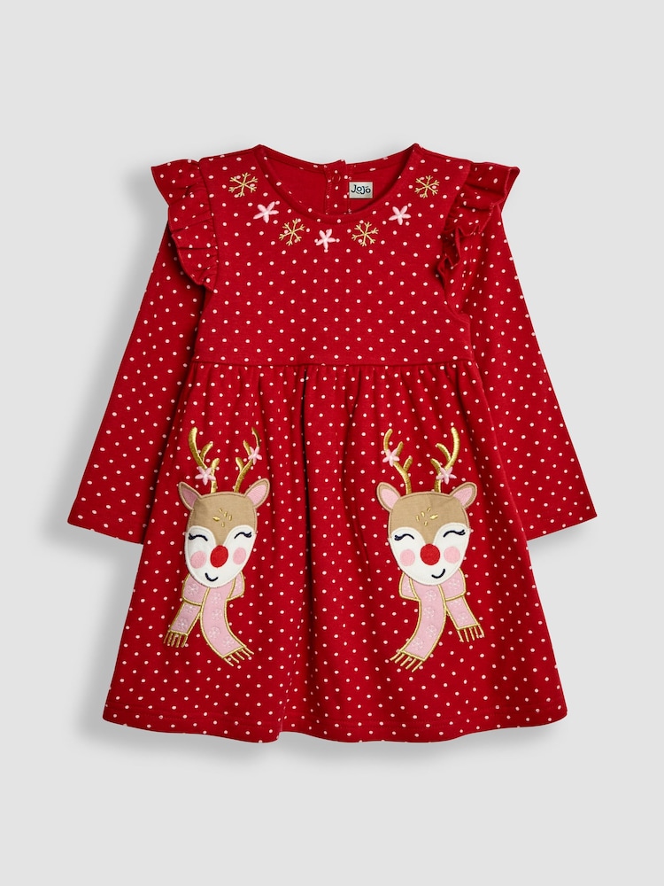 JoJo Maman Bébé Red Reindeer Appliqué Frill Dress - Image 1 of 3