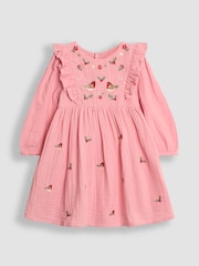 JoJo Maman Bébé Pink Robin Embroidered Cheesecloth Frill Dress - Image 1 of 3