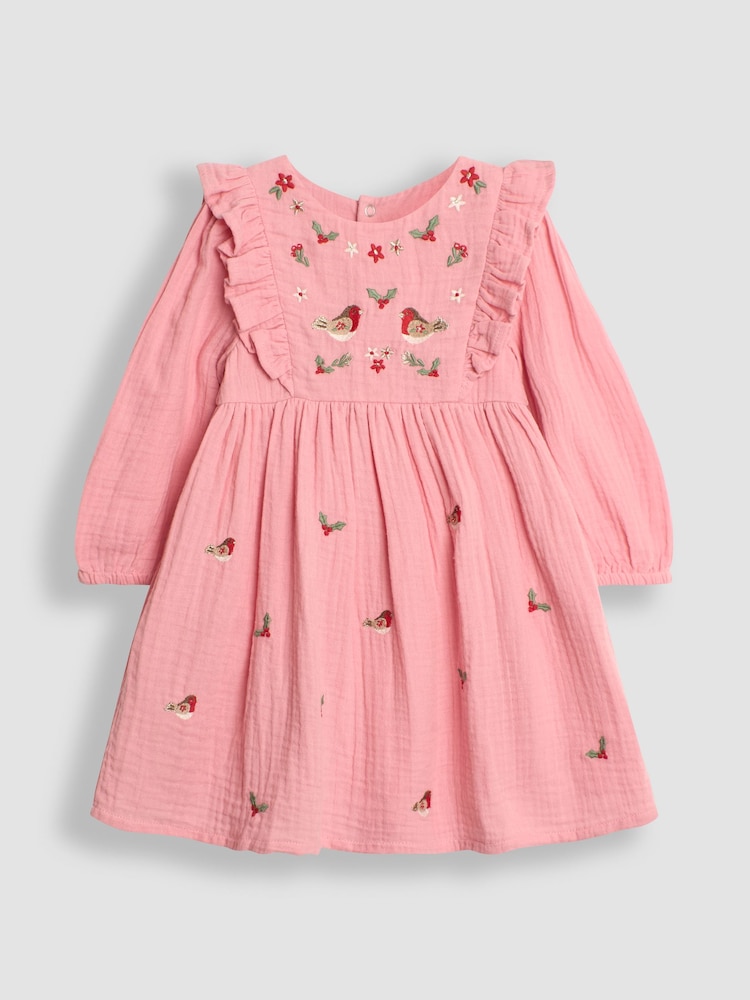 JoJo Maman Bébé Pink Robin Embroidered Cheesecloth Frill Dress - Image 1 of 3