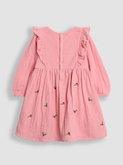 JoJo Maman Bébé Pink Robin Embroidered Cheesecloth Frill Dress - Image 2 of 3