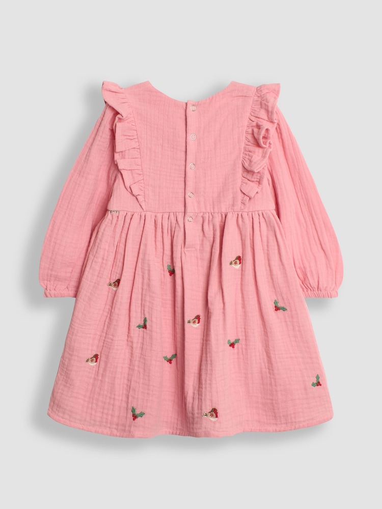 JoJo Maman Bébé Pink Robin Embroidered Cheesecloth Frill Dress - Image 2 of 3