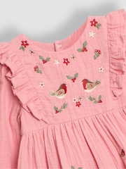 JoJo Maman Bébé Pink Robin Embroidered Cheesecloth Frill Dress - Image 3 of 3