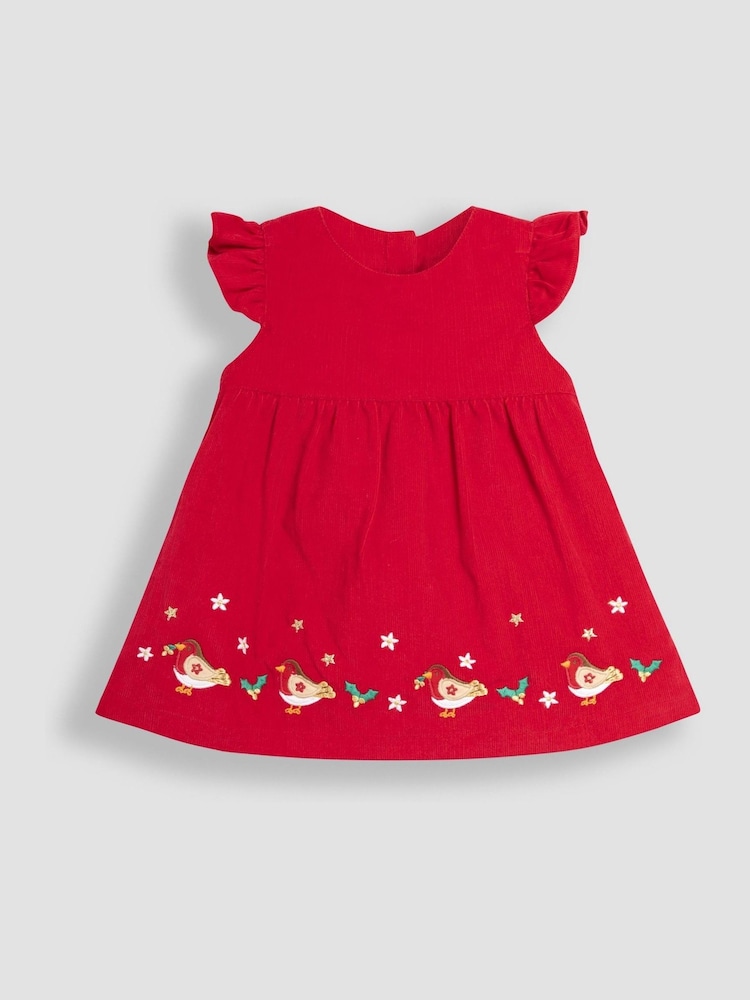JoJo Maman Bébé Red Baby Robin Embroidered Cord  Dress and Body Set - Image 2 of 5