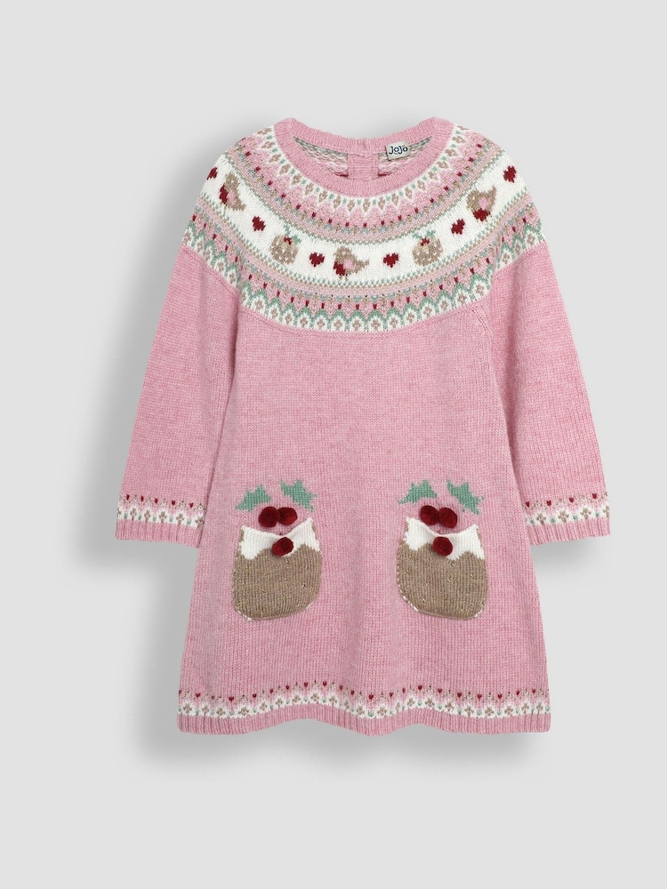 JoJo Maman Bébé Pink Pudding Christmas Knitted Dress - Image 2 of 4