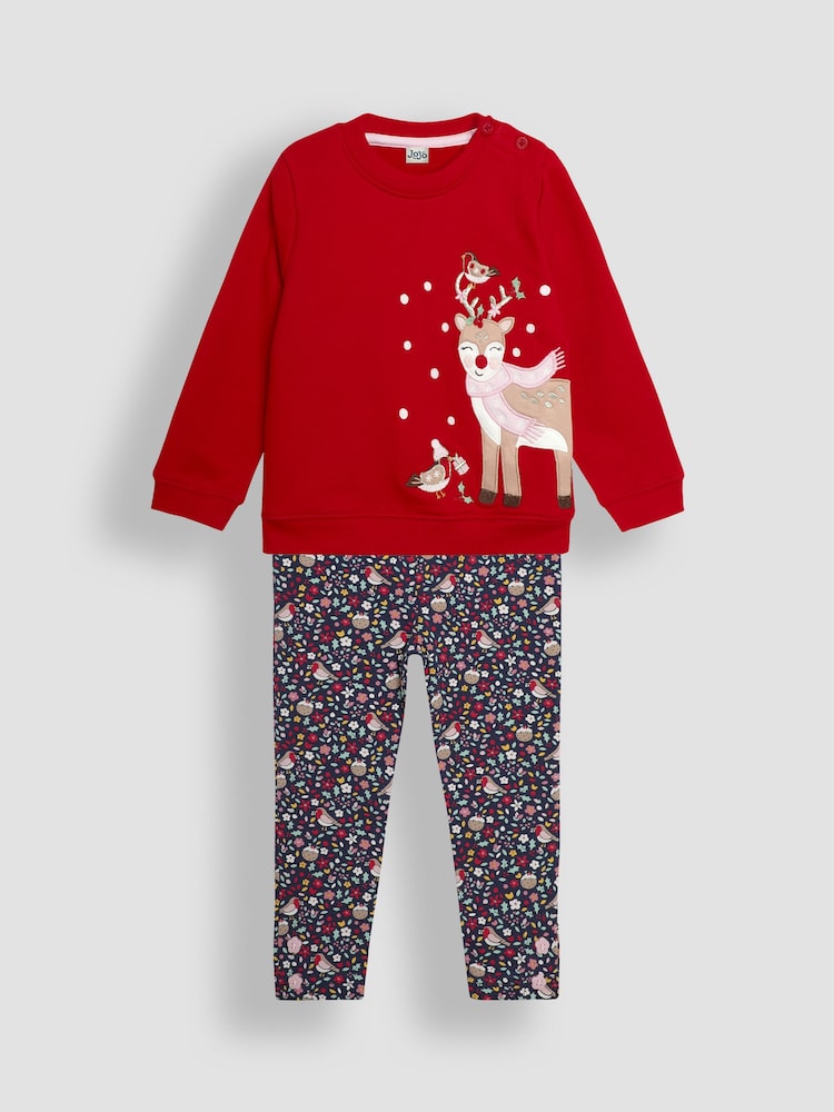 JoJo Maman Bébé Red Reindeer Appliqué Sweatshirt and Leggings Set - Image 1 of 6