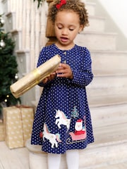 JoJo Maman Bébé Navy Santa and Unicorn Appliqué Button Front Dress - Image 1 of 5