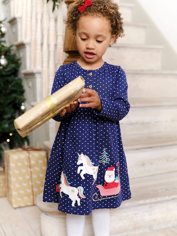 JoJo Maman Bébé Navy Santa and Unicorn Appliqué Button Front Dress - Image 1 of 5