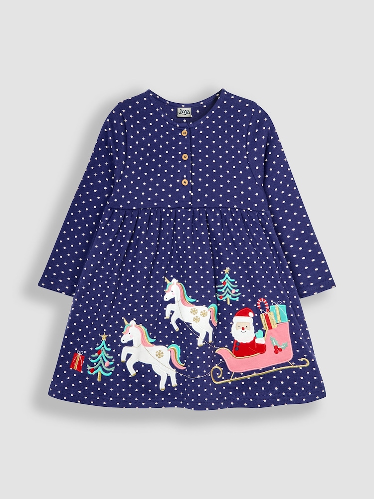 JoJo Maman Bébé Navy Santa and Unicorn Appliqué Button Front Dress - Image 2 of 5
