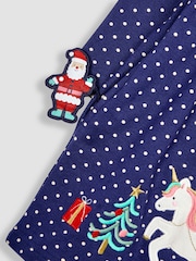 JoJo Maman Bébé Navy Santa and Unicorn Appliqué Button Front Dress - Image 5 of 5