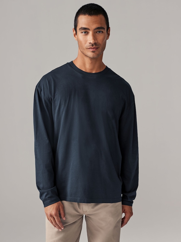 Navy Blue Relaxed Fit Long Sleeve Crew Neck T-Shirt - Image 1 of 7