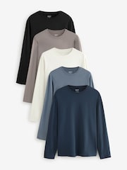 Blues/Grey/Neutrals Regular Fit Regular Fit Long Sleeve 100% Cotton T-Shirts 5 Pack - Image 1 of 16