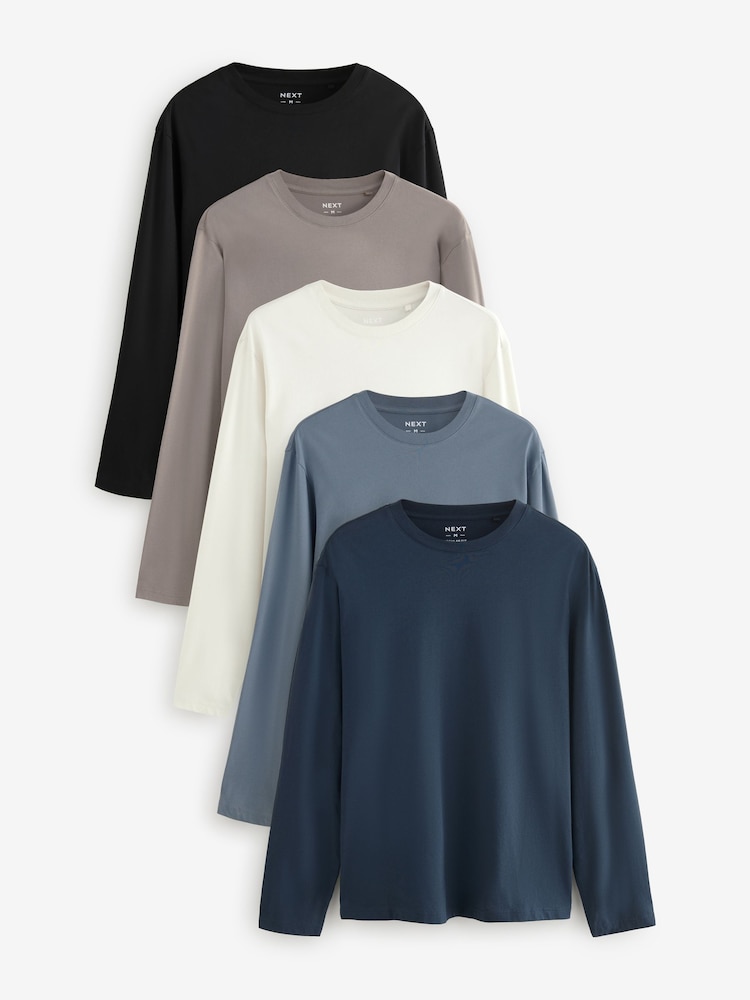 Blues/Grey/Neutrals Regular Fit Regular Fit Long Sleeve 100% Cotton T-Shirts 5 Pack - Image 1 of 16