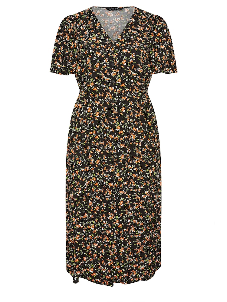 Evans Orange Button Through Angel Sleeve Dress - Image 1 of 2
