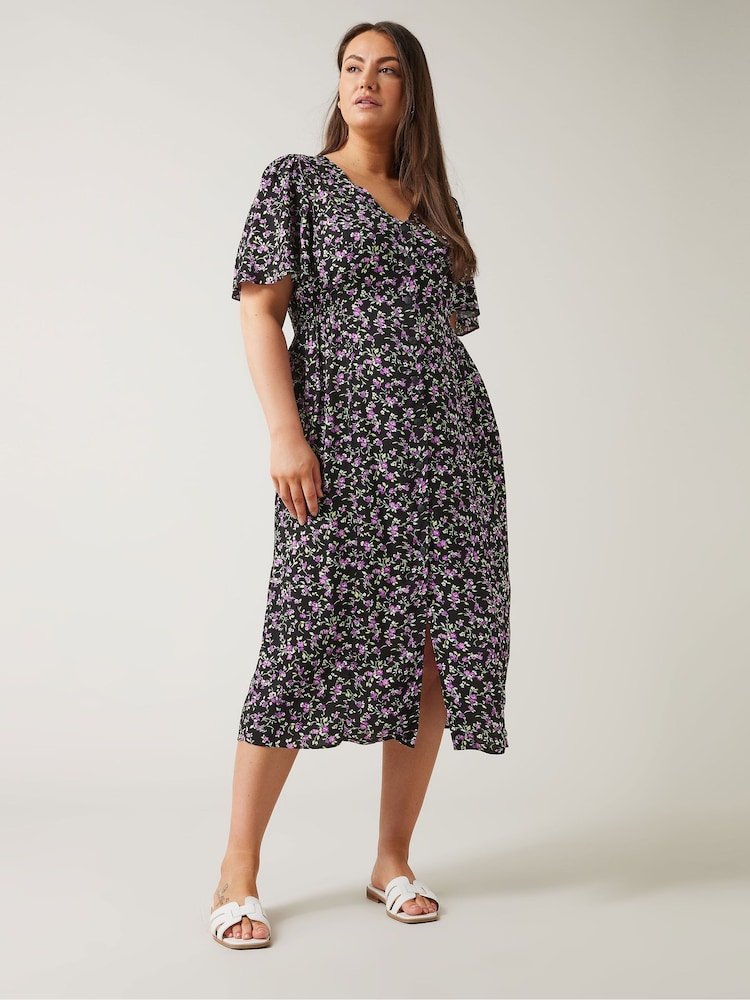 Evans Orange Button Through Angel Sleeve Dress - Image 1 of 5