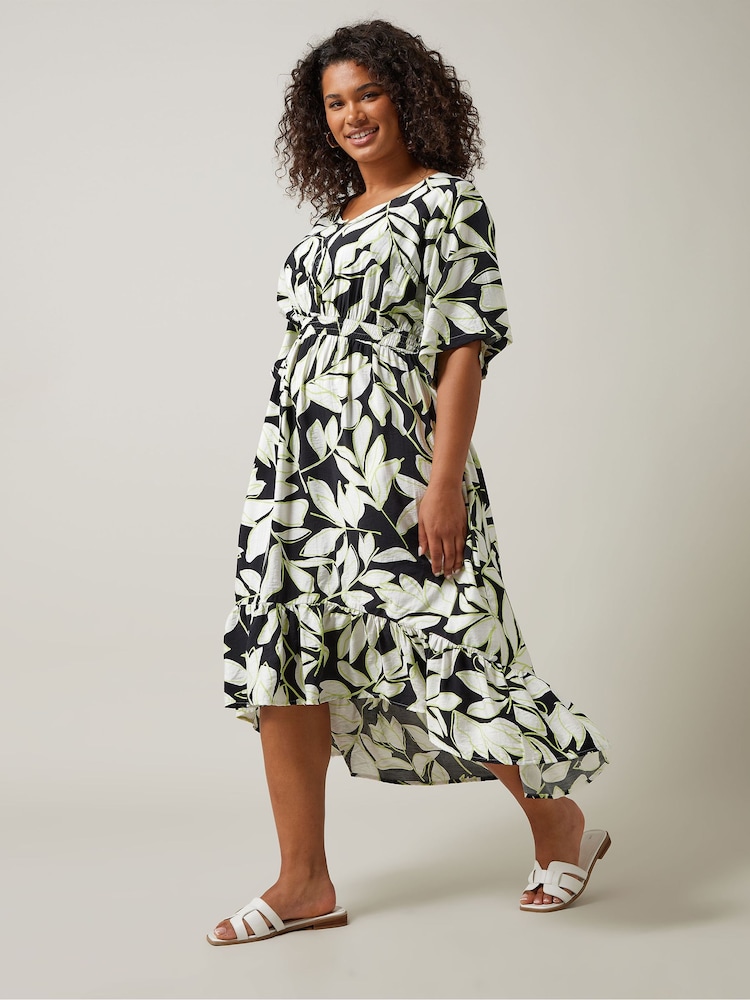 Evans Leaf Print Dipped Hem Black Midi Dress - Image 1 of 5