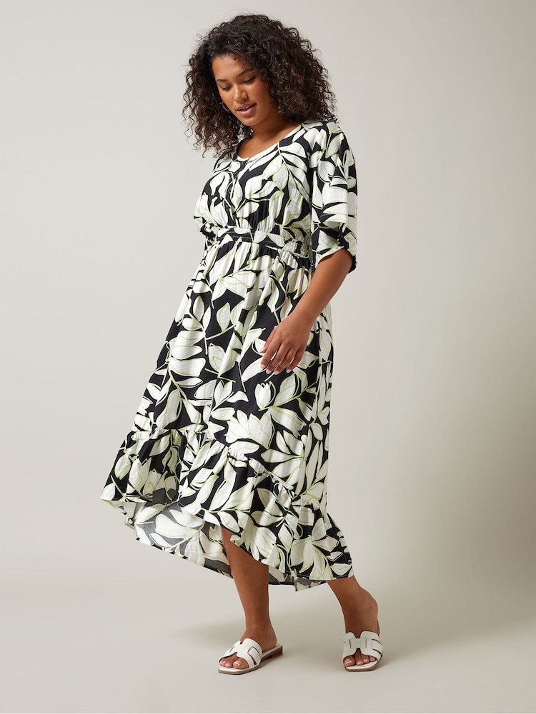 Evans Leaf Print Dipped Hem Black Midi Dress - Image 2 of 5