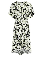 Evans Leaf Print Dipped Hem Black Midi Dress - Image 5 of 5