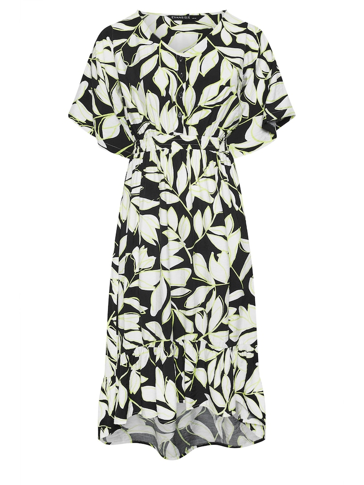 Evans Leaf Print Dipped Hem Black Midi Dress - Image 5 of 5