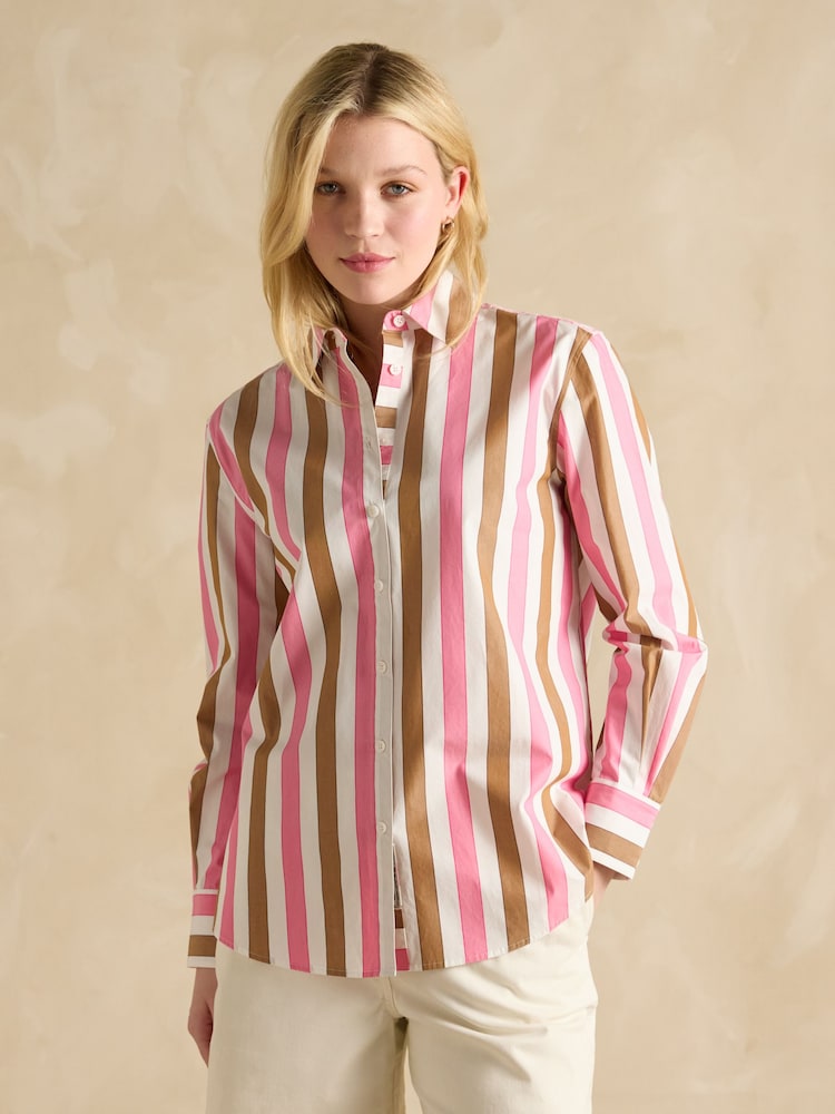 Joules Amilla Pink & Tan Stripe Longline Relaxed Fit Shirt - Image 1 of 7