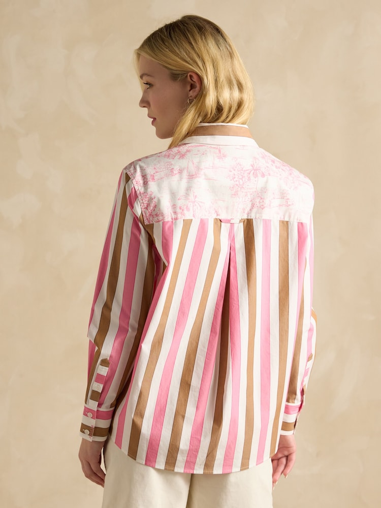 Joules Amilla Pink & Tan Stripe Longline Relaxed Fit Shirt - Image 2 of 7
