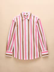 Joules Amilla Pink & Tan Stripe Longline Relaxed Fit Shirt - Image 7 of 7