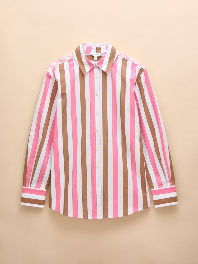 Joules Amilla Pink & Tan Stripe Longline Relaxed Fit Shirt - Image 7 of 7