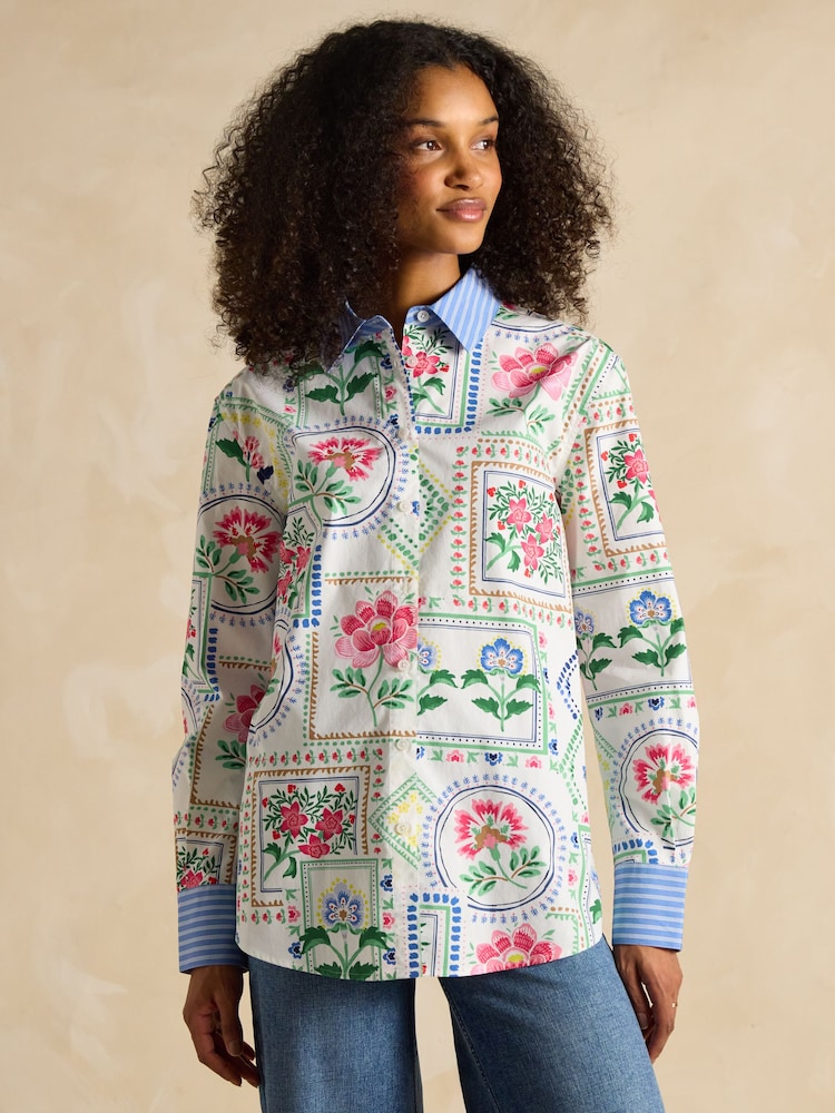 Joules Amilla Cream Tile Print Longline Relaxed Fit Shirt - Image 1 of 6