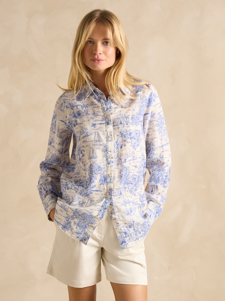 Blue/White Toile de Jouy - Joules Maeva Relaxed Fit 100% Linen Shirt - Imagen 1 de 8