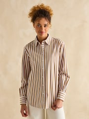 Joules Amilla Tan & White Stripe Longline Relaxed Fit Shirt - Image 1 of 7