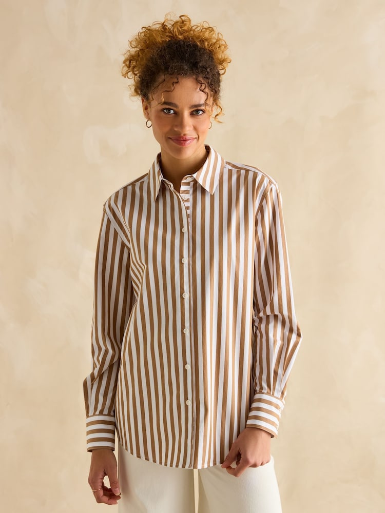 Joules Amilla Tan & White Stripe Longline Relaxed Fit Shirt - Image 1 of 7