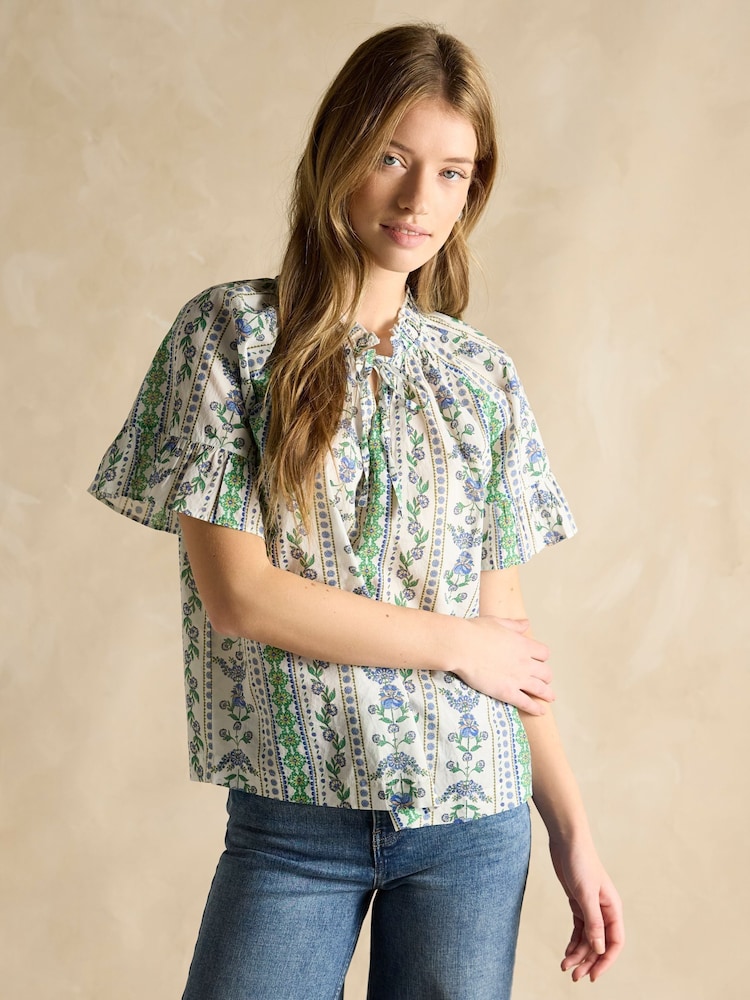 Синий/зеленый - Joules Melissa Short Sleeve Cotton Blouse - Изображение 1 из 6