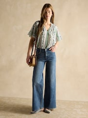 Синий/зеленый - Joules Melissa Short Sleeve Cotton Blouse - Изображение 3 из 6