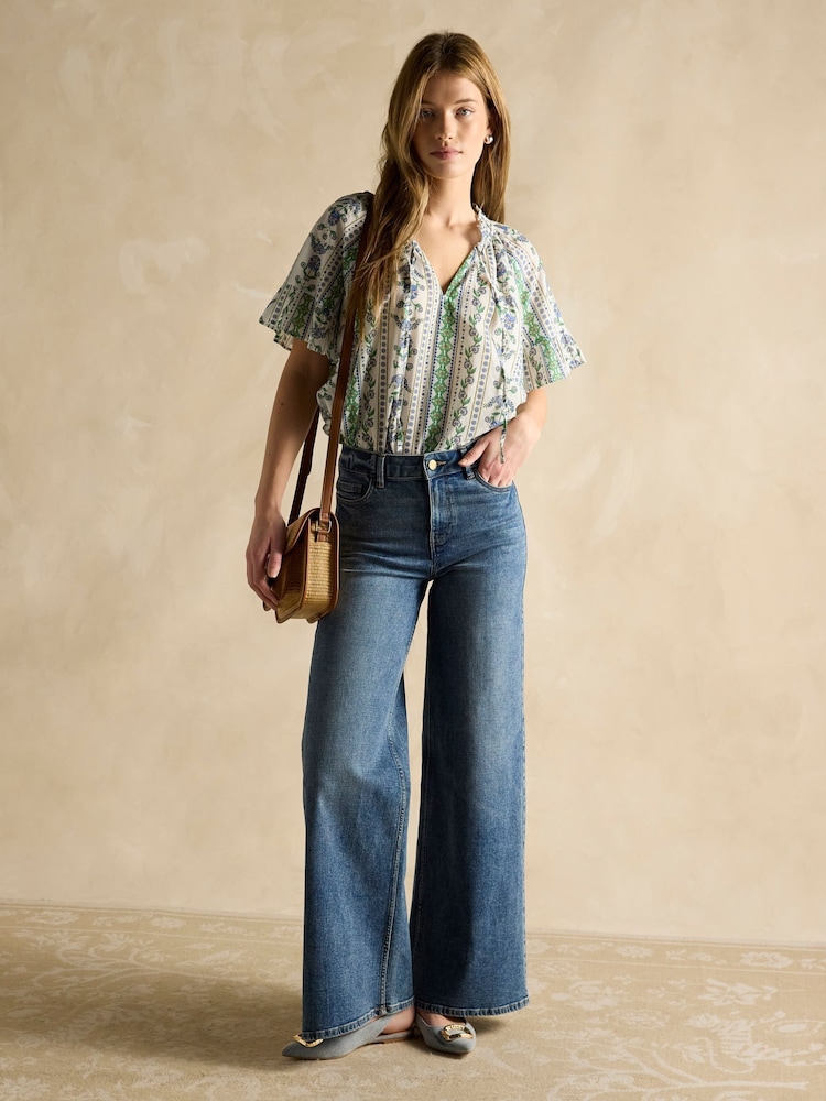 Joules Melissa Blue/Green Short Sleeve Cotton Blouse - Image 3 of 6