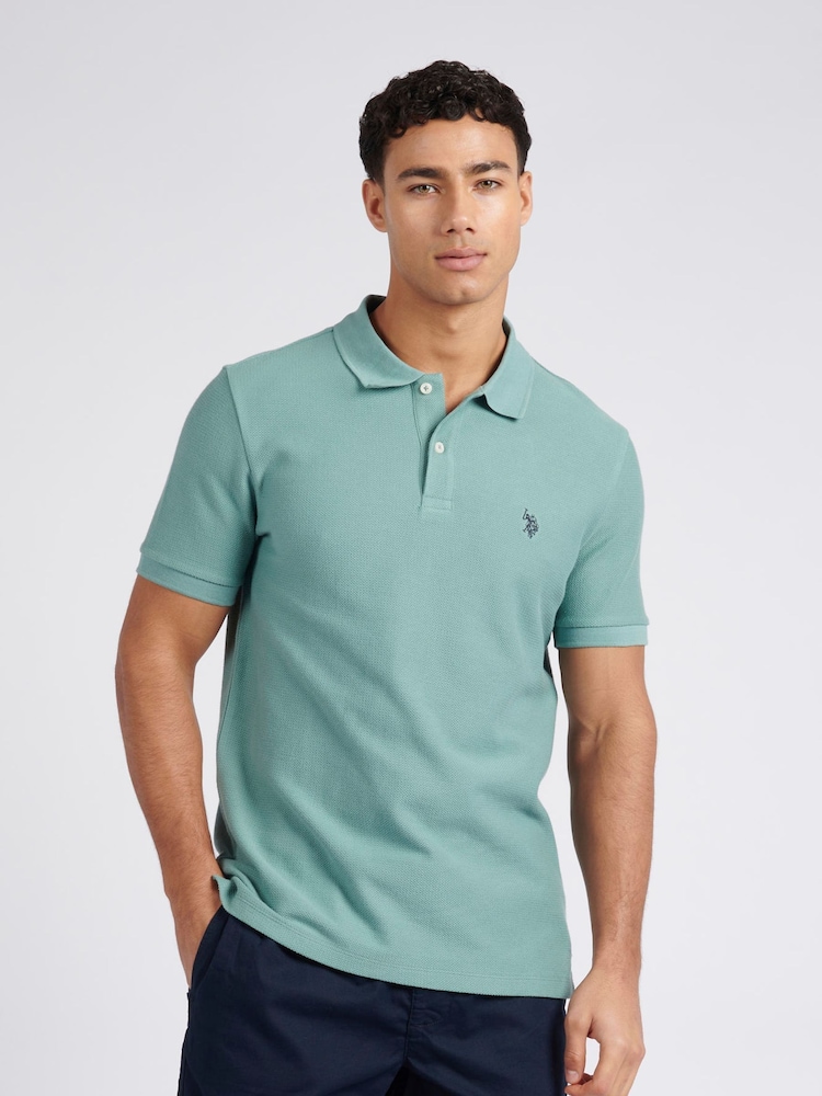 U.S. Polo Assn. Blue Mens Regular Fit Texture Herringbone 100% Cotton Polo Shirt - Image 1 of 9