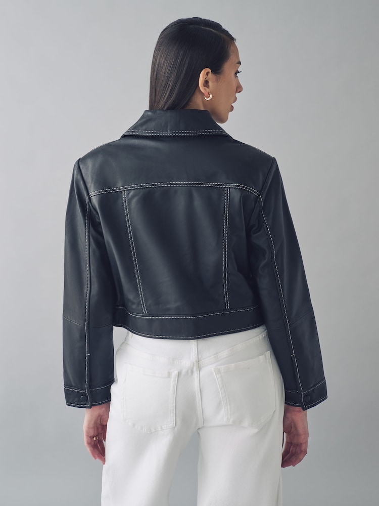 Urban Code Black Leather Contrast Stitch Cropped Jacket - Image 2 of 4 Urban Code Black Leather Contrast Stitch Cropped Jacket - Image 2 of 4