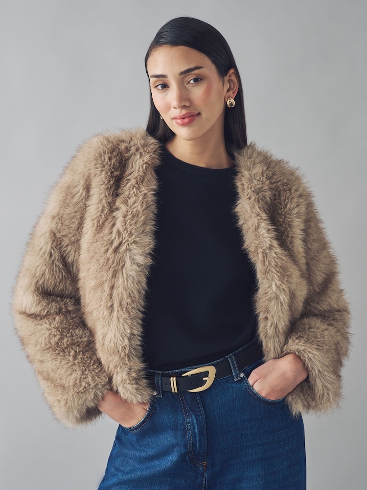 Urban Code Brown Faux Fur Jacket - Image 1 of 5 Urban Code Brown Faux Fur Jacket - Image 1 of 5